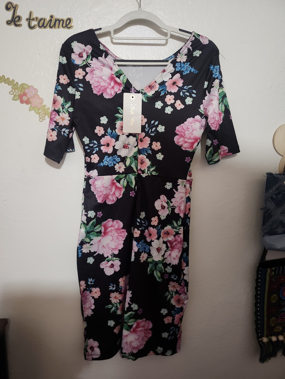 Maybe Wang Black Floral V-Neck Women’s Dress S